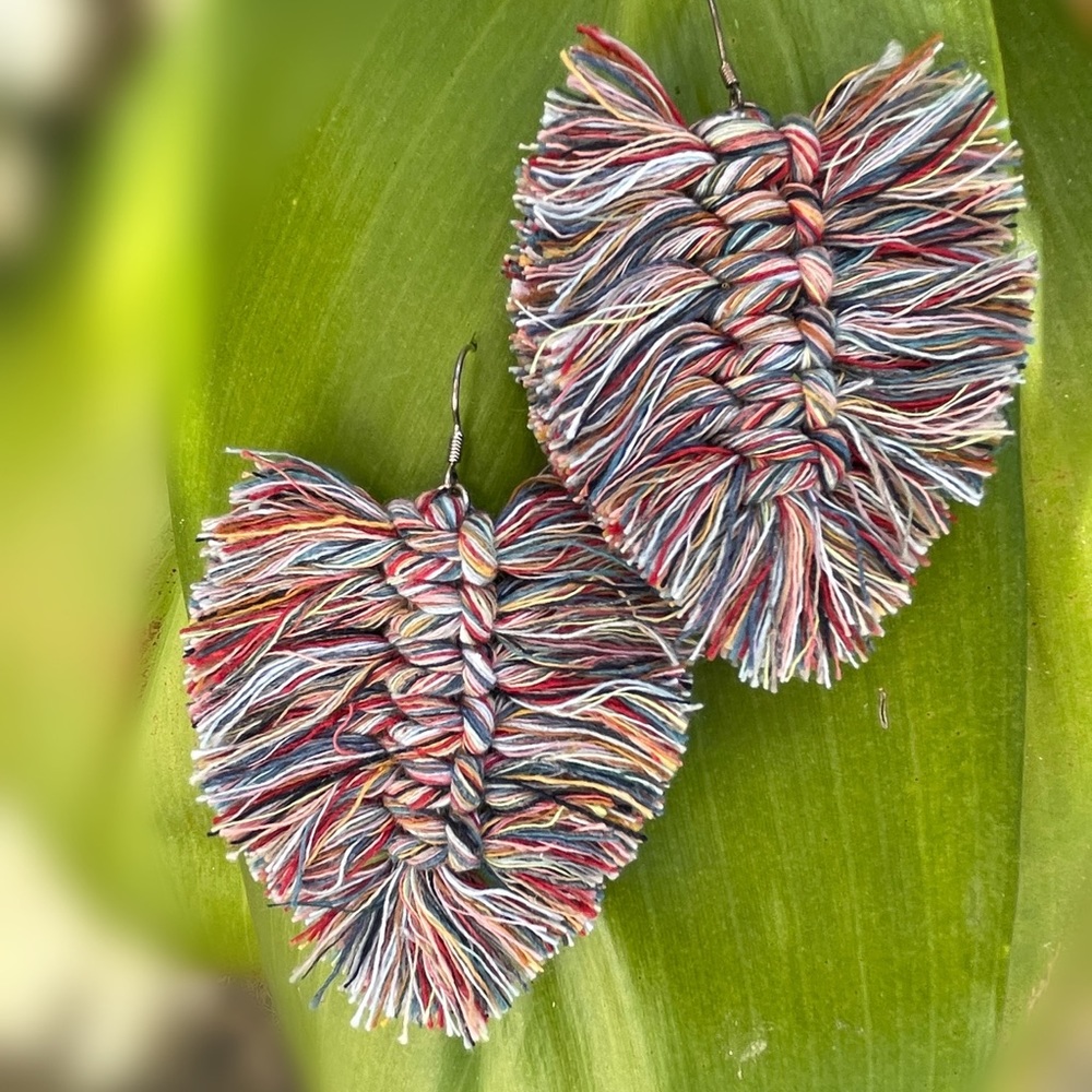 Multicolored macramé earrings, leaf earrings, tassel earrings!